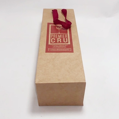 Ribbon Handle Kraft Paper Bag Red Wine Bottle Gift Bags 0.30mm Thickness